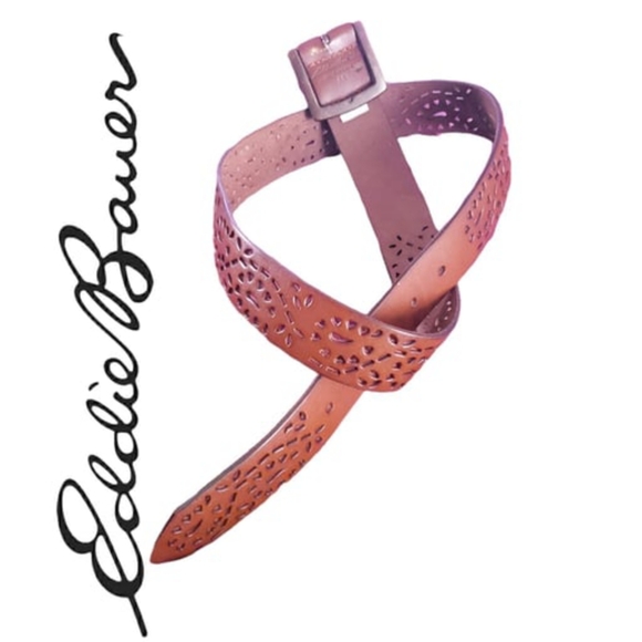 Eddie Bauer Women's Laser Cut Out Floral Hearts Brown Leather Belt Size Small - Picture 2 of 3